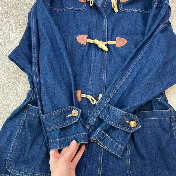 Vintage 80's Retro Leslie Fay Toggle Denim Hooded Chore Coat Barn Jacket (Sz M) - Picture 7 of 16